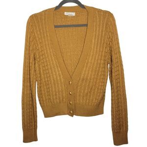 Vintage Cardigan Small Cable Knit Mustard Yellow Chunky V Neck Gold Button Retro